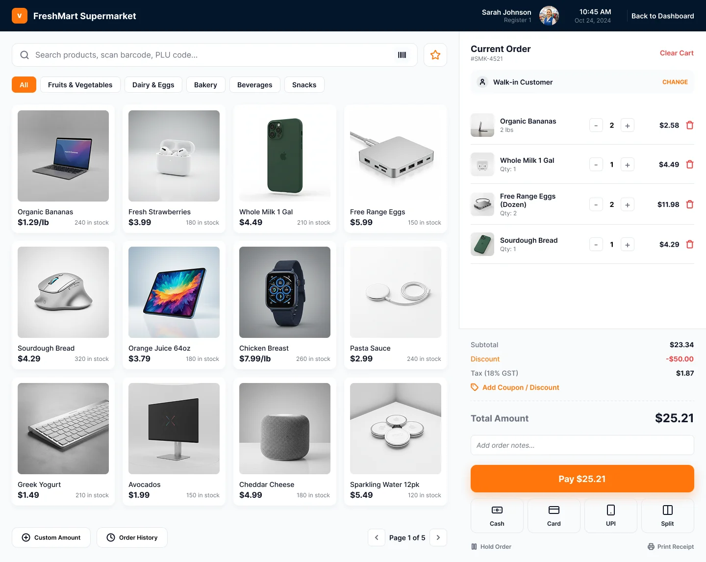 FreshMart POS checkout terminal with product catalogue and live order panel