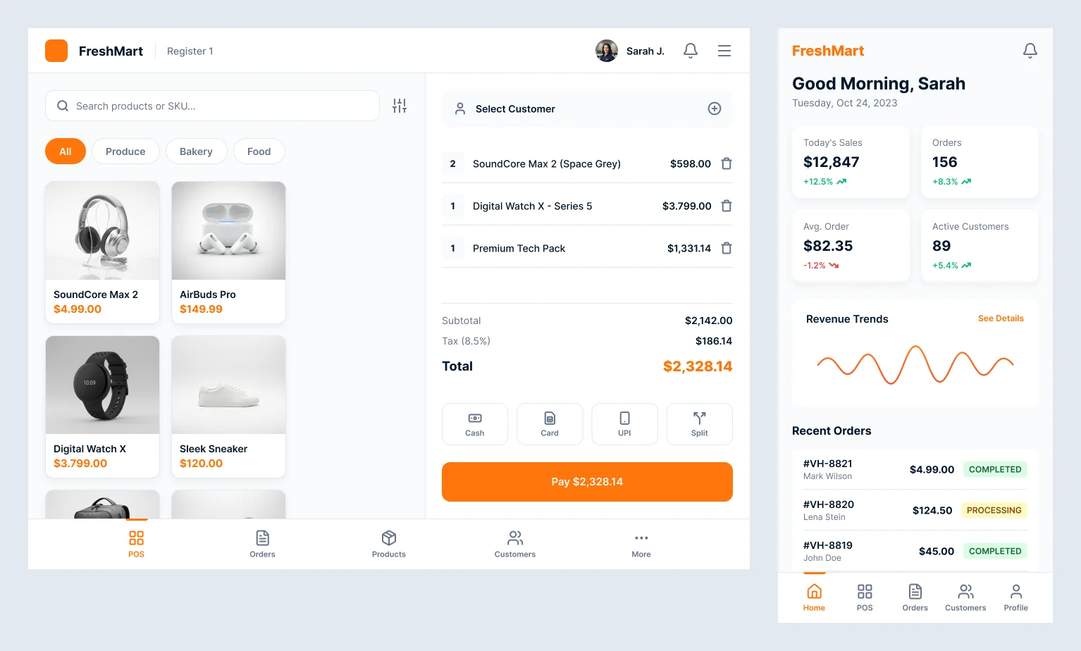 FreshMart POS responsive layouts for desktop, tablet and mobile